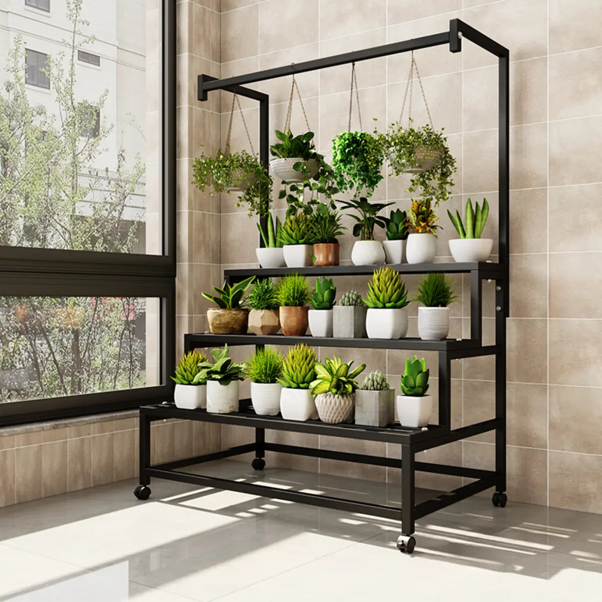 Trendy Rectangle Metal Rolling Plant Stand — Black