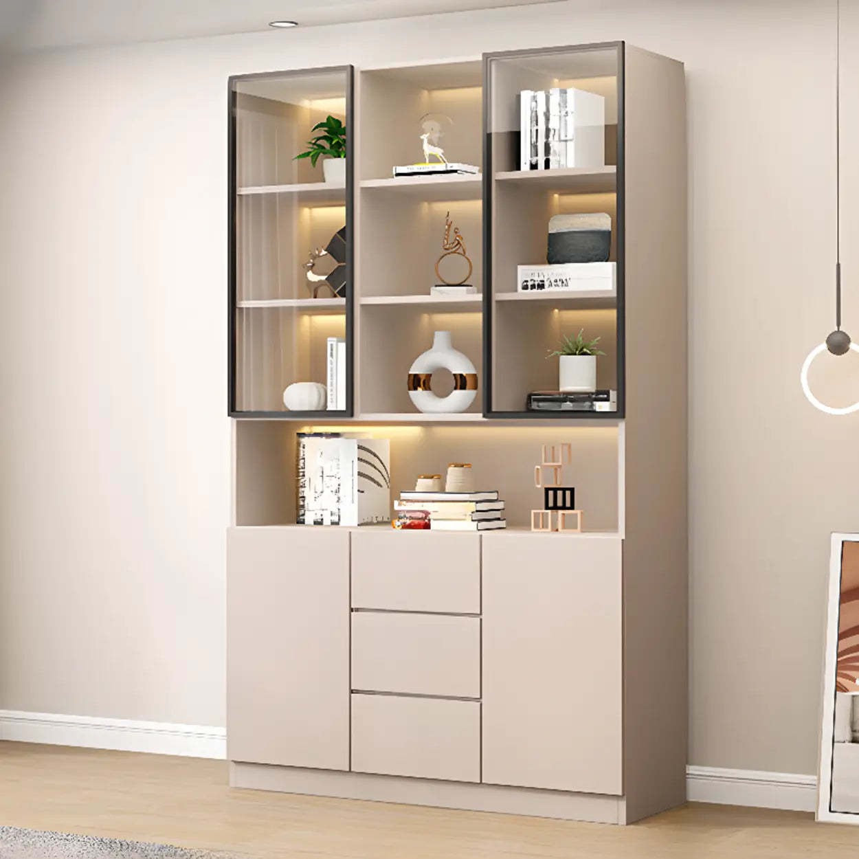 Lighom rectangular storage glass wine cabinets for living room — 47" L x 16" W x 79" H / 4 Cabinets / 3-Drawer