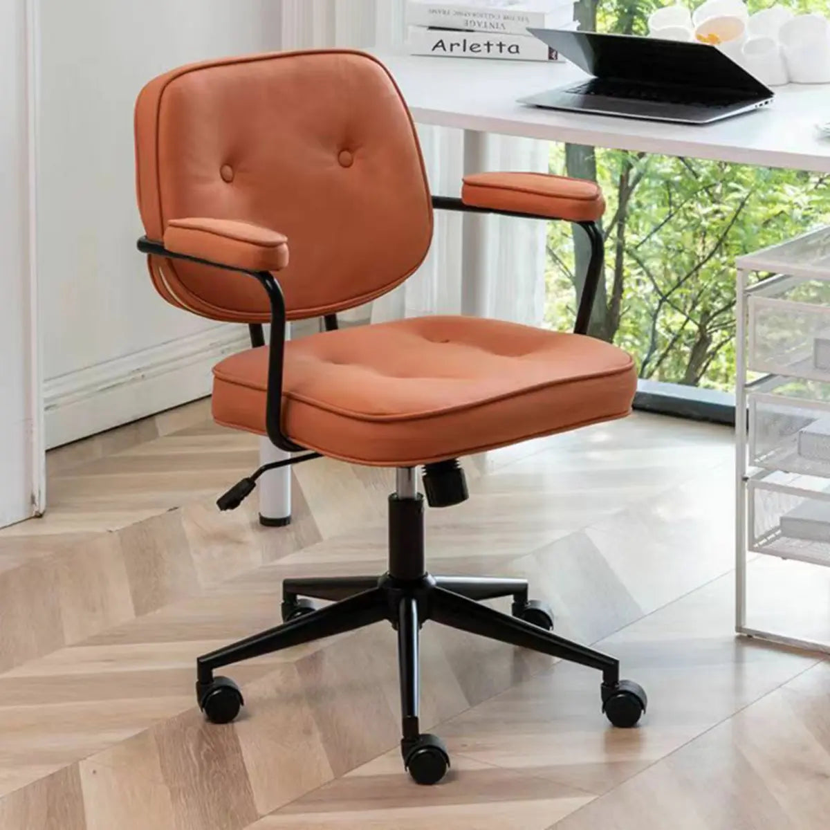Trendy Tufted Leather Swivel Office Chair with Arms