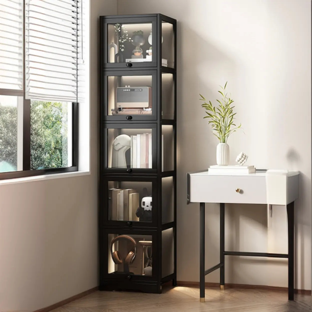 Vertical Narrow Display Bookcase — White
