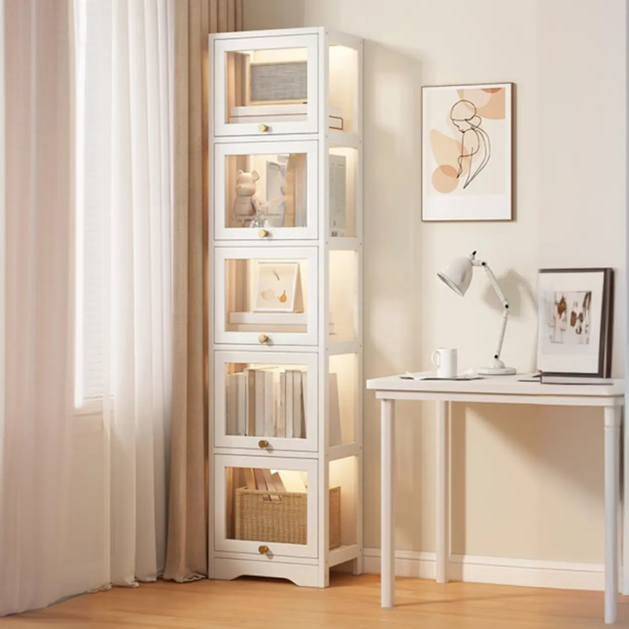 Vertical Narrow Display Bookcase — White