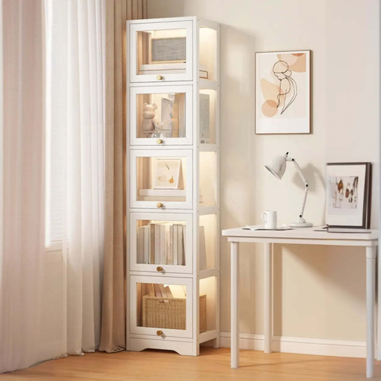 Vertical Narrow Display Bookcase — White