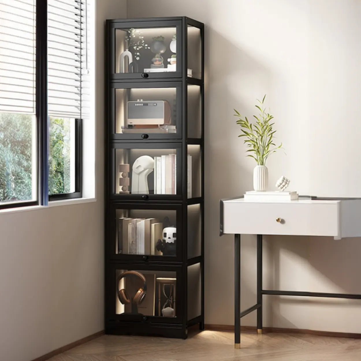 Vertical Narrow Display Bookcase — Black