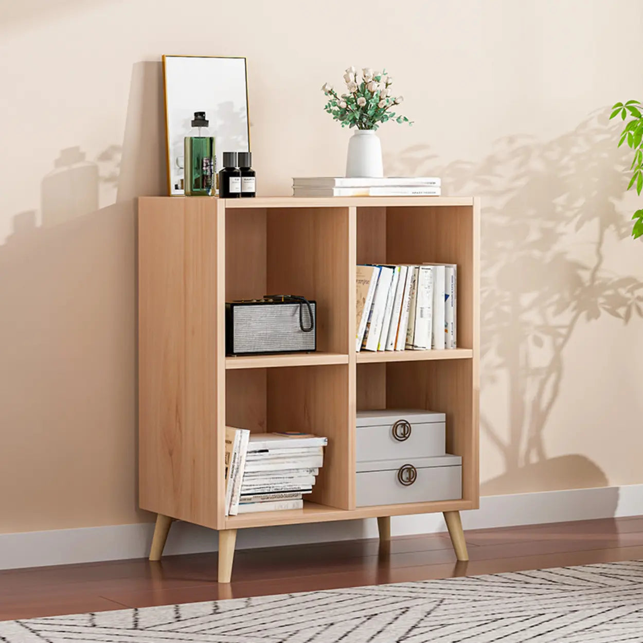 Trendy Vertical Rectangular Natural Wood Bookcase — Blue