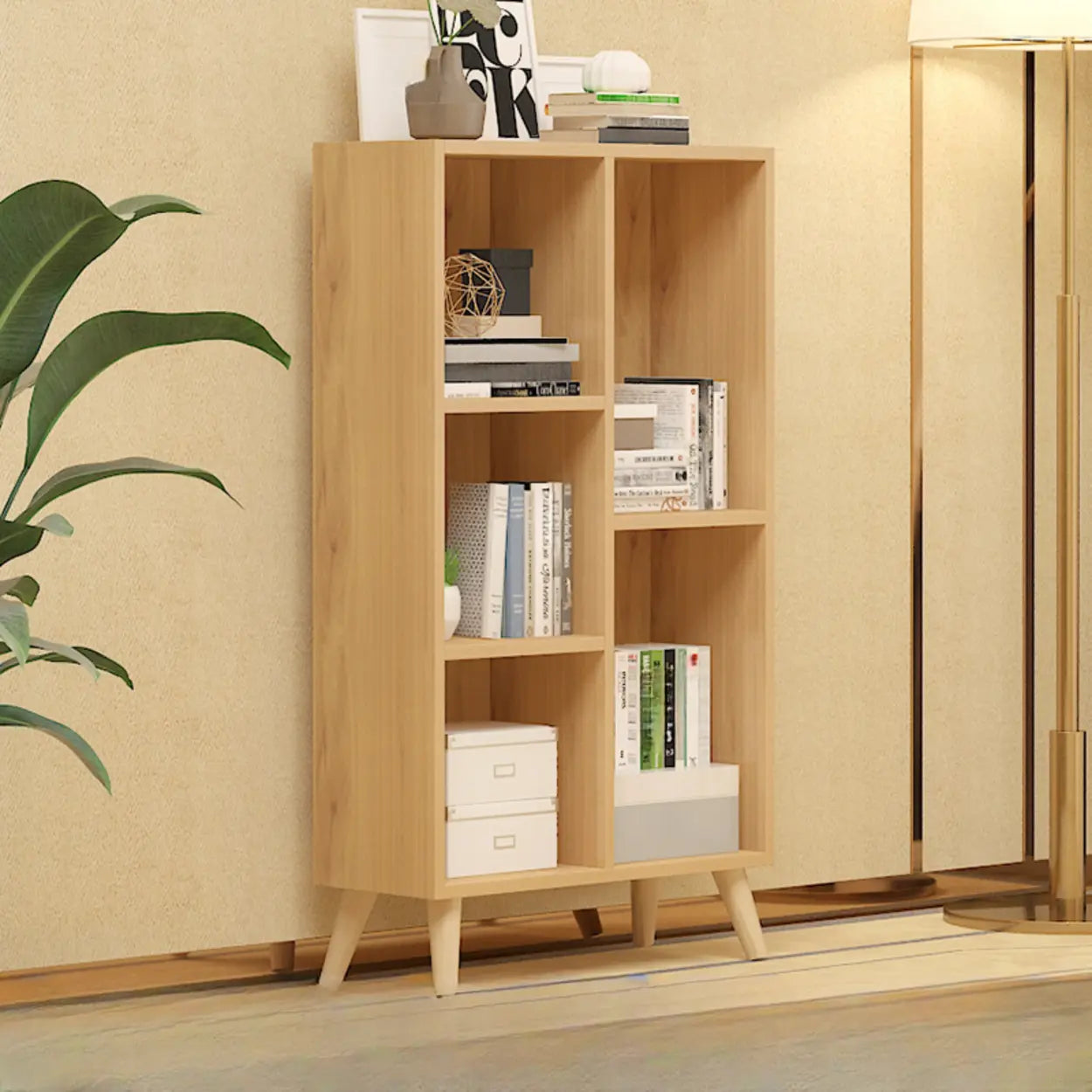 Trendy Vertical Rectangular Natural Wood Bookcase — Nut-Brown