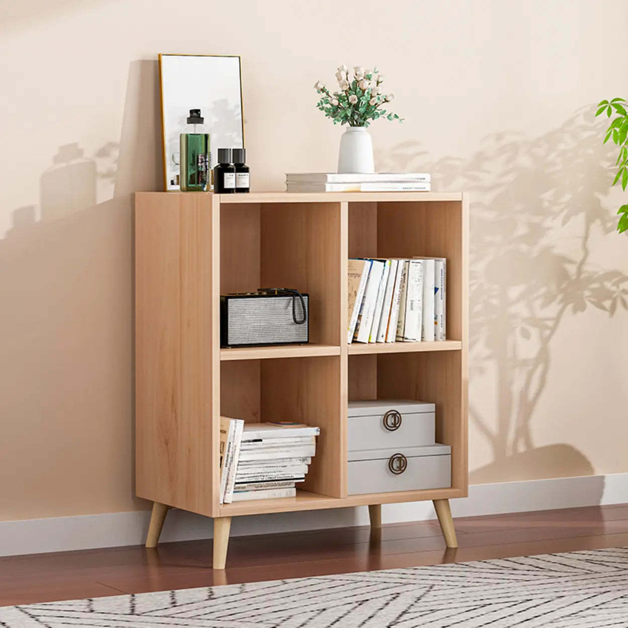 Trendy Vertical Rectangular Natural Wood Bookcase — Blue