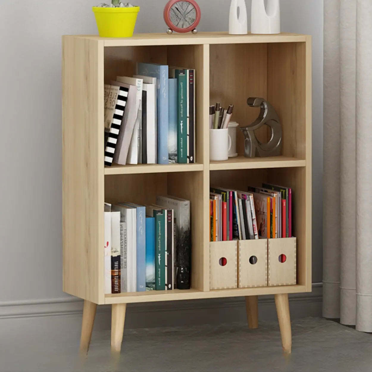 Trendy Vertical Rectangular Natural Wood Bookcase — White