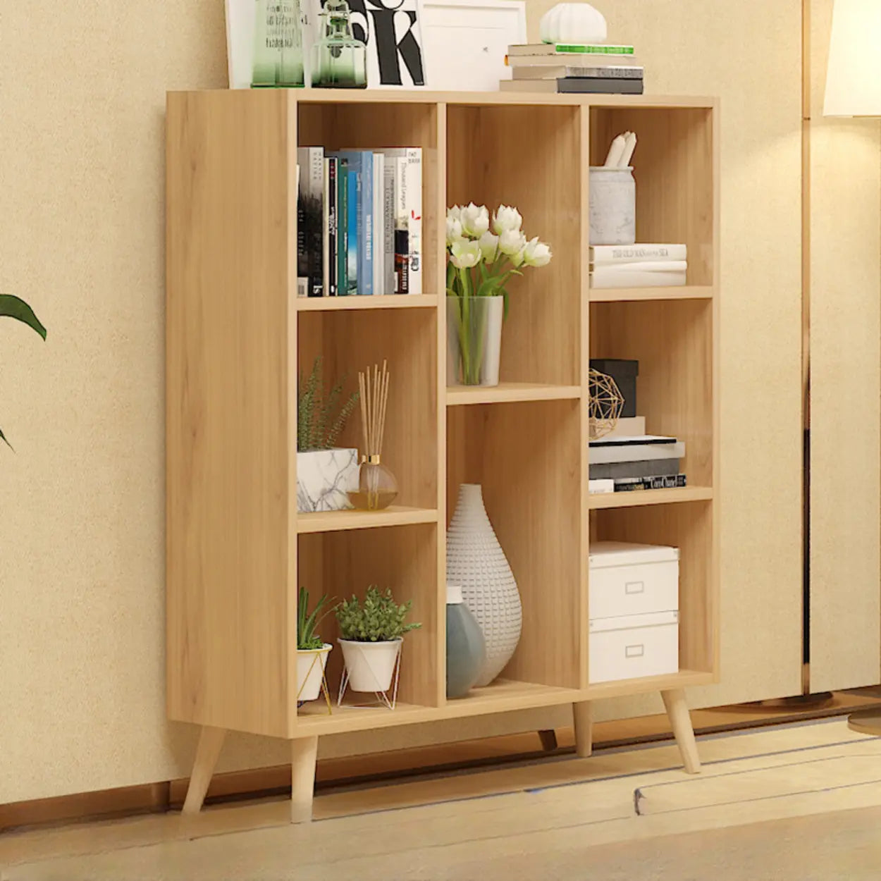 Trendy Vertical Rectangular Natural Wood Bookcase — White