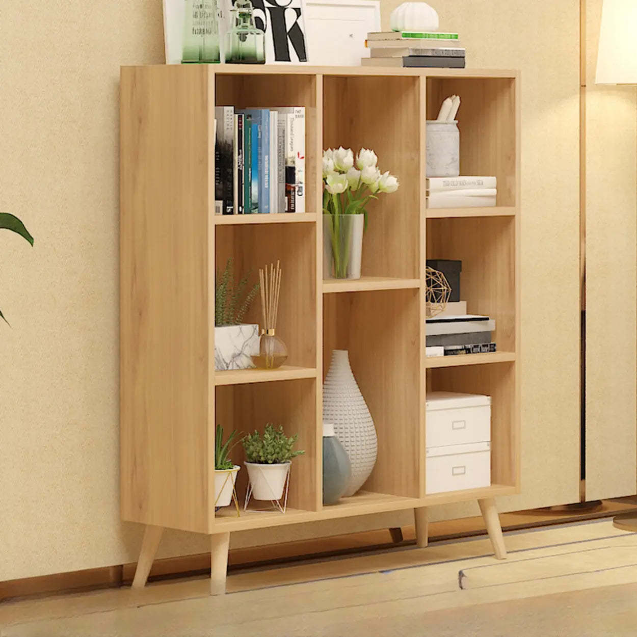 Trendy Vertical Rectangular Natural Wood Bookcase — White