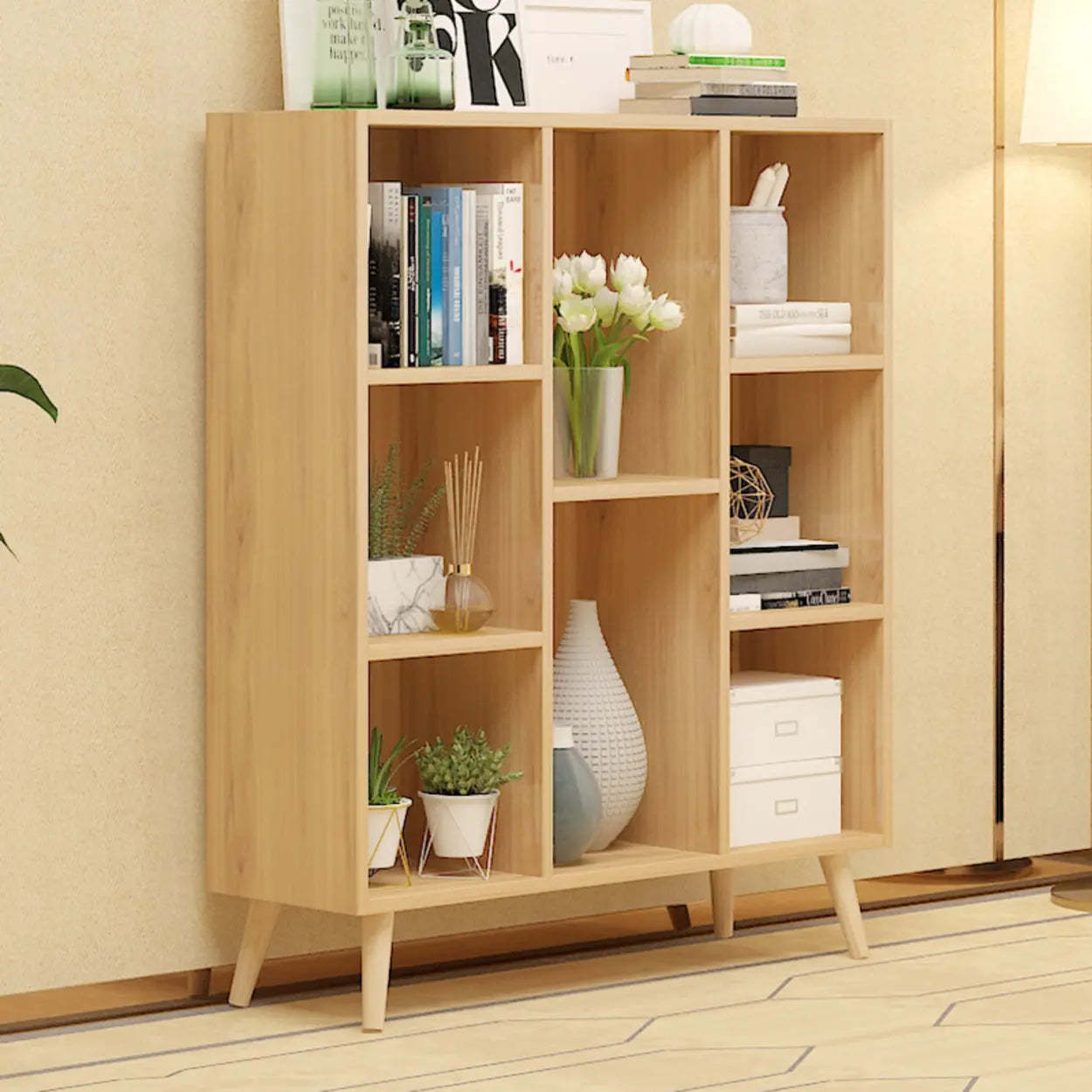 Trendy Vertical Rectangular Natural Wood Bookcase — Blue