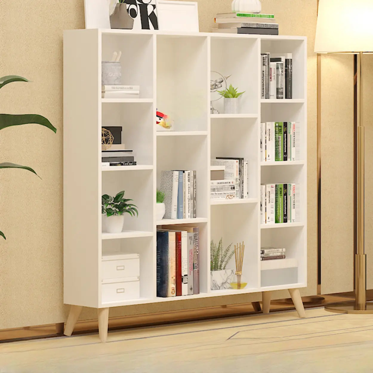 Trendy Vertical Rectangular Natural Wood Bookcase — Blue