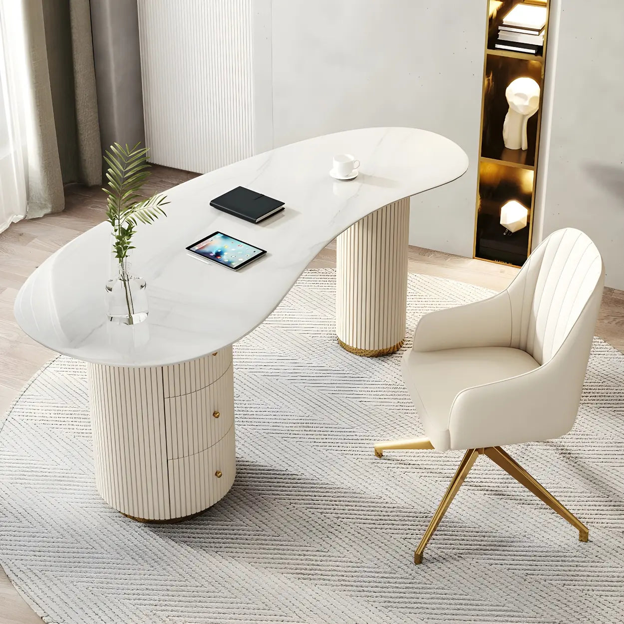 Trendy White Stone Free-Form Office Desk — Table Only