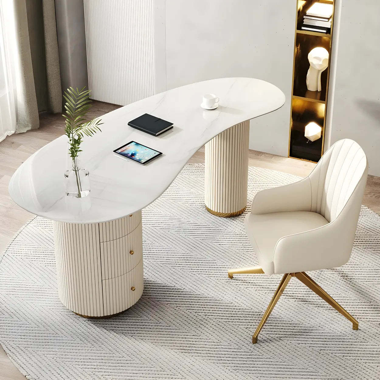 Trendy White Stone Free-Form Office Desk — Table Only