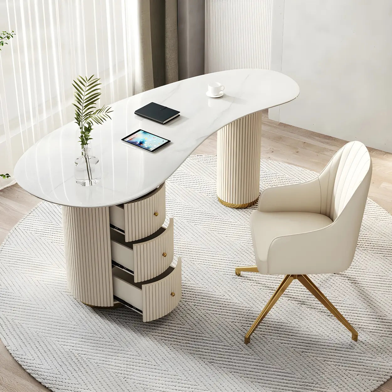Trendy White Stone Free-Form Office Desk — Table Only