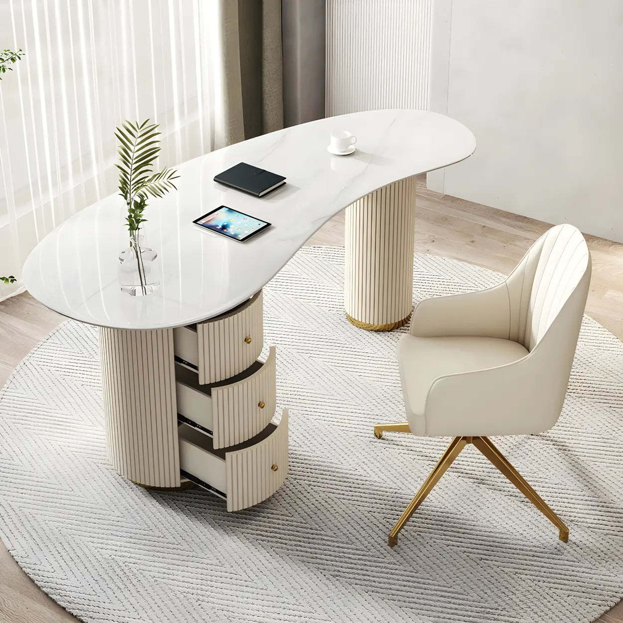 Trendy White Stone Free-Form Office Desk — Table Only
