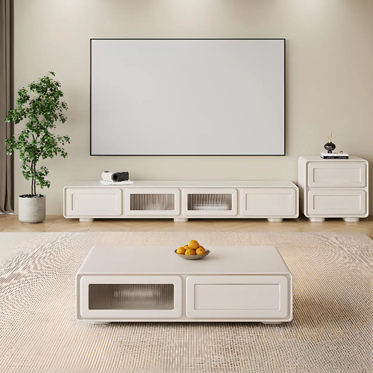 Trendy White Wood Drawer Cabinet TV Stand