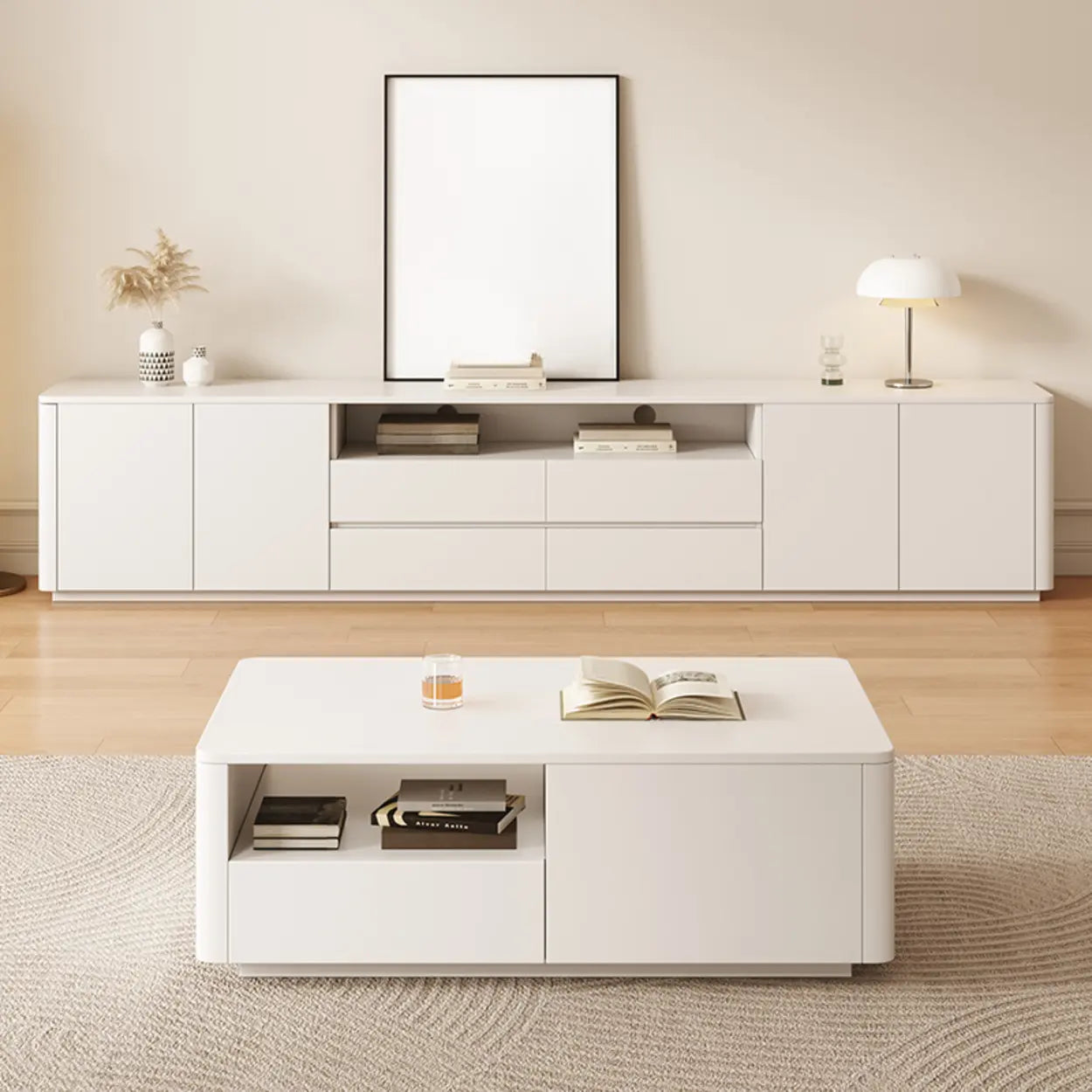 White Wood Long TV Stand with Drawers
