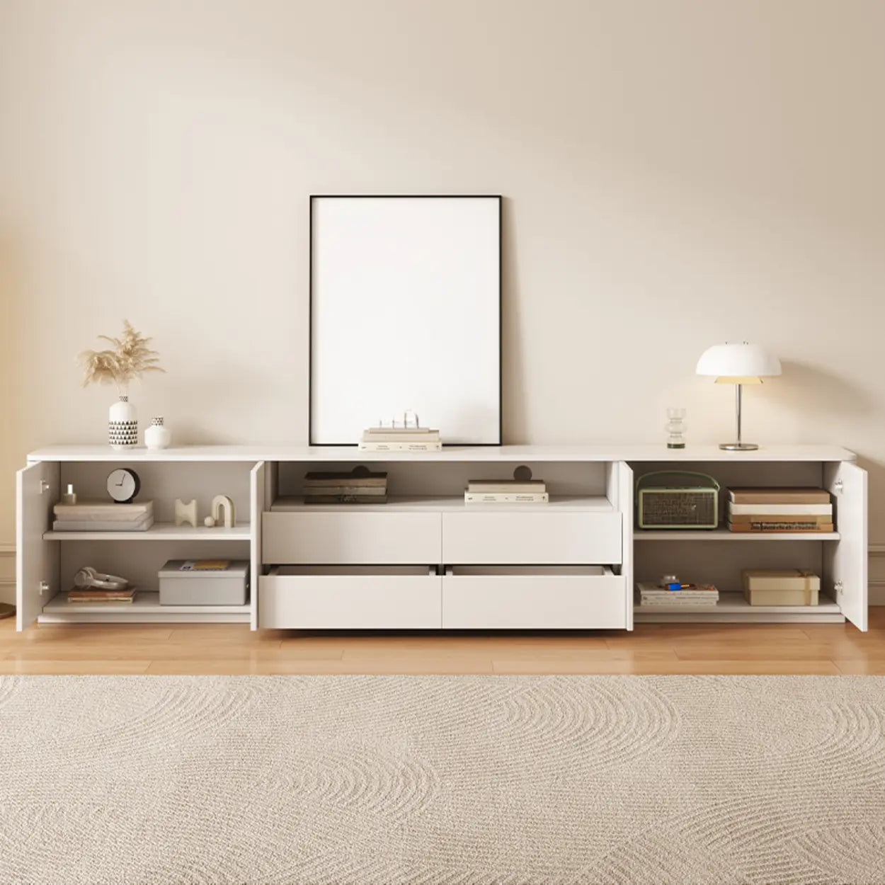 White wood drawers long tv stands - modern — 55"L x 14"W x 16"H