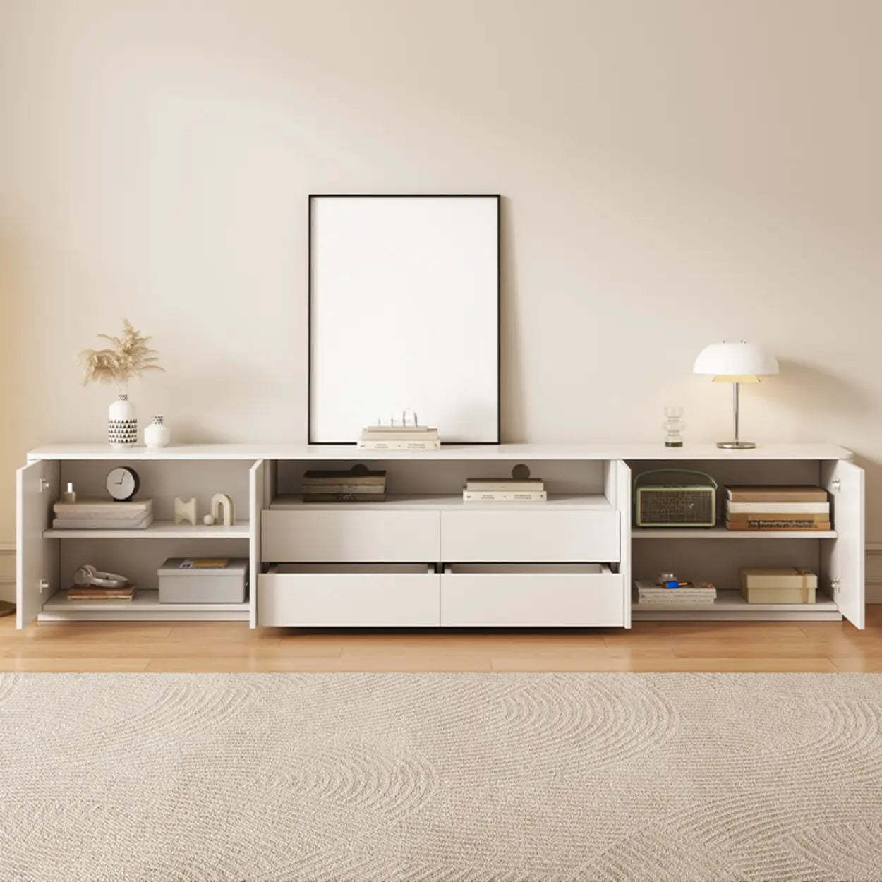 White Wood Long TV Stand with Drawers