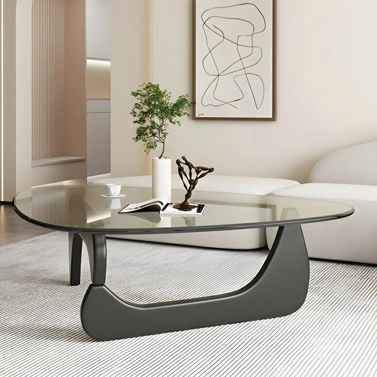 Triangle Glass Coffee Table with Wood Base