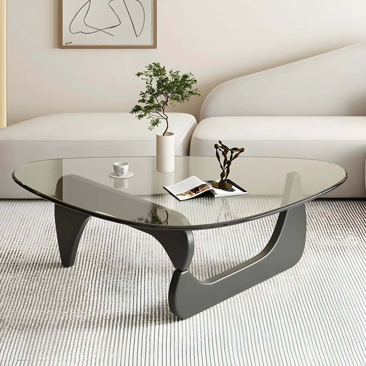 Triangle Glass Coffee Table with Wood Base — Clear Glass / Natural Finish