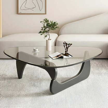 Triangle Glass Coffee Table with Wood Base — Clear Glass / Natural Finish