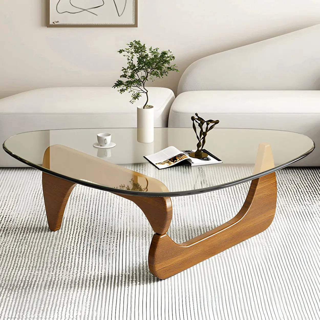 Triangle Glass Coffee Table with Wood Base — Cranberry Glass / Black
