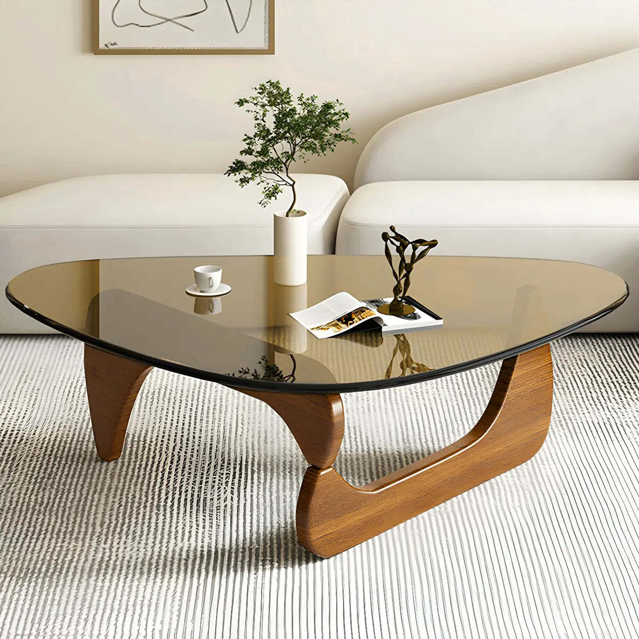 Triangle Glass Coffee Table with Wood Base — Cranberry Glass / Brown
