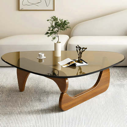 Triangle Glass Coffee Table with Wood Base — Cranberry Glass / Brown