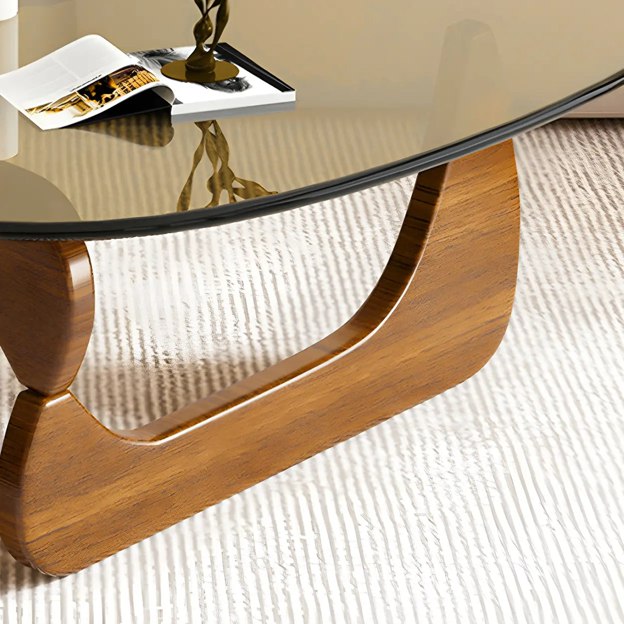 Triangle Glass Coffee Table with Wood Base — Gray Glass / Black