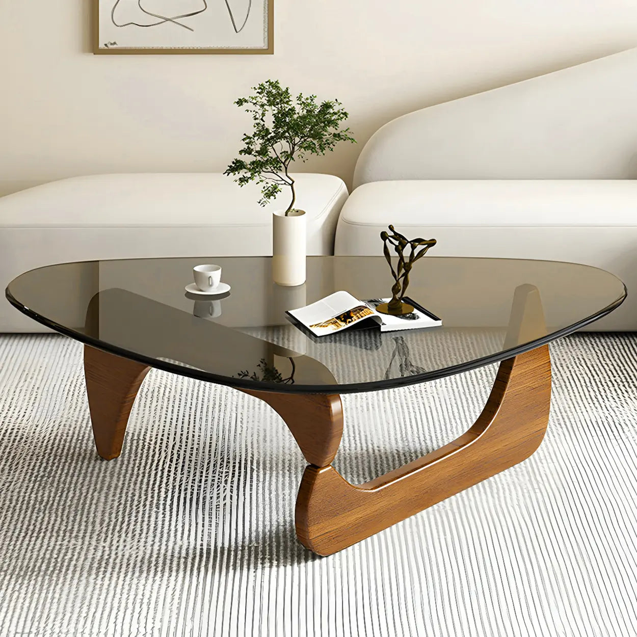 Triangle Glass Coffee Table with Wood Base — Gray Glass / Natural Finish