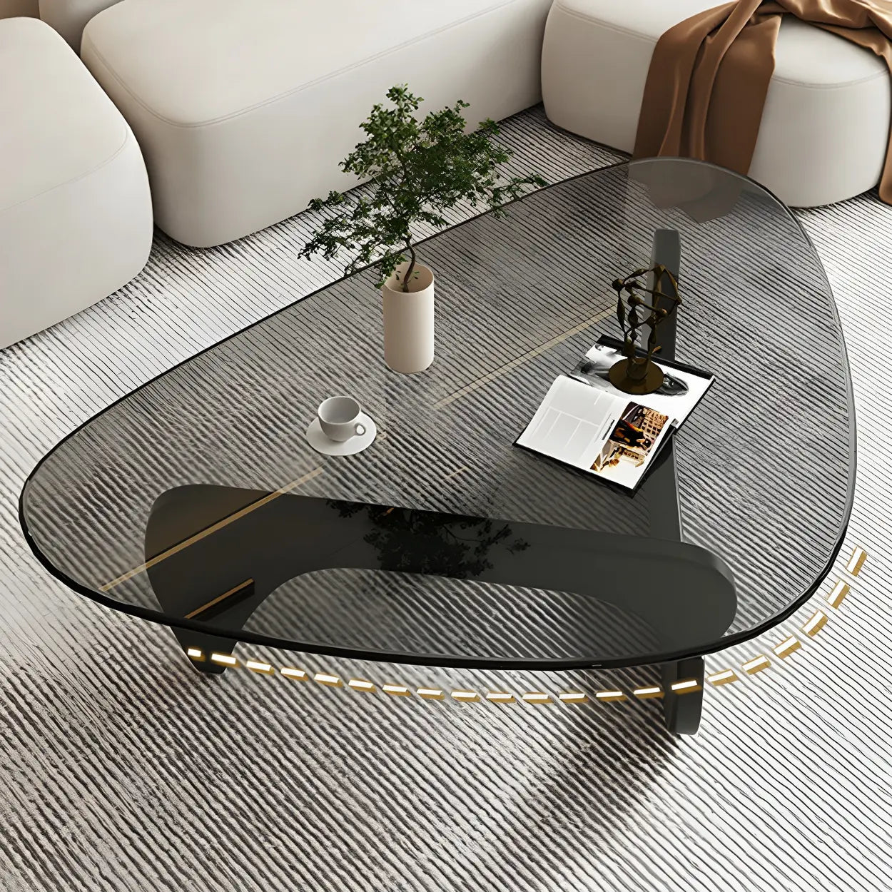 Triangle Glass Coffee Table with Wood Base — Gray Glass / Brown