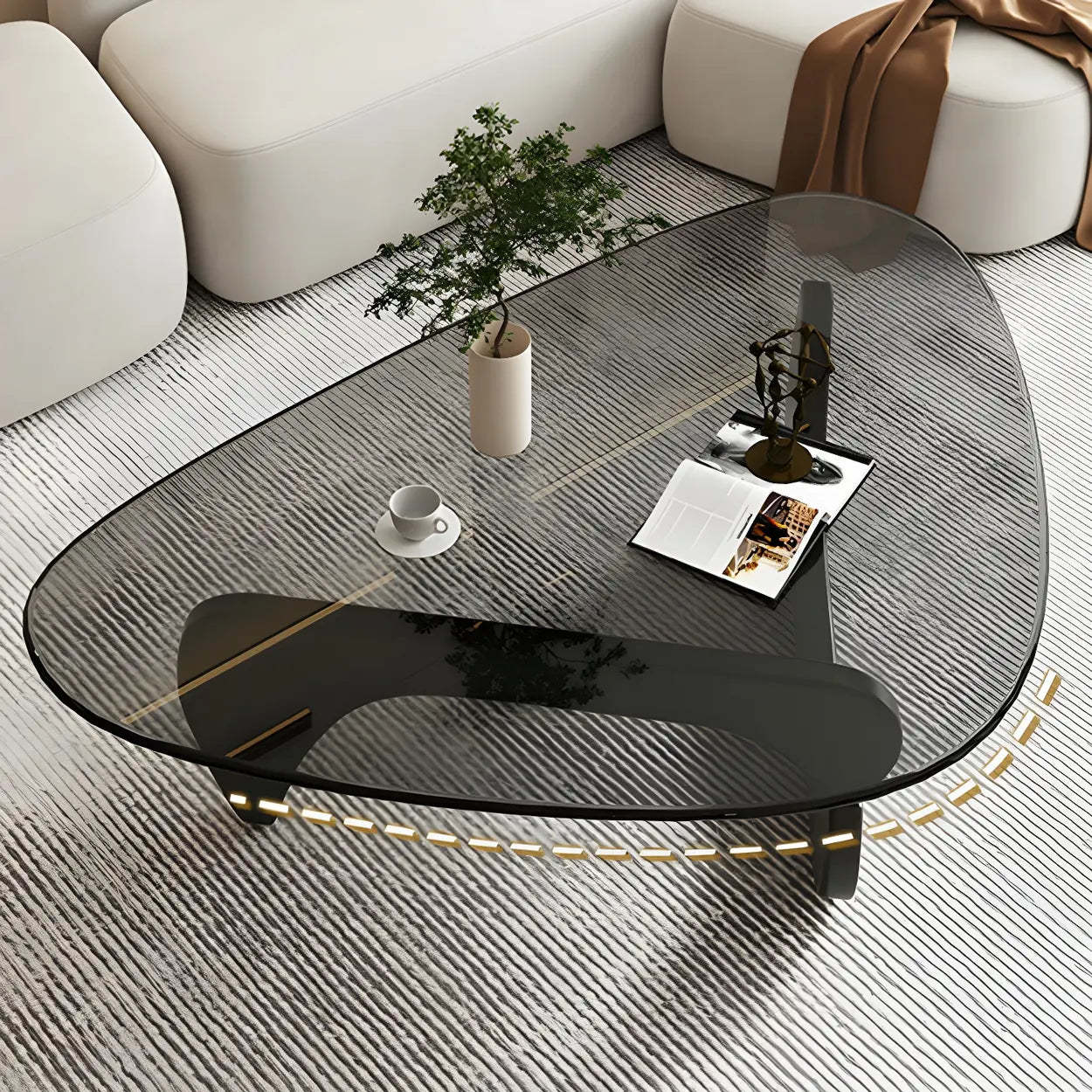 Triangle Glass Coffee Table with Wood Base — Gray Glass / Brown