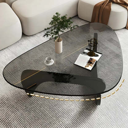Triangle Glass Coffee Table with Wood Base — Gray Glass / Brown