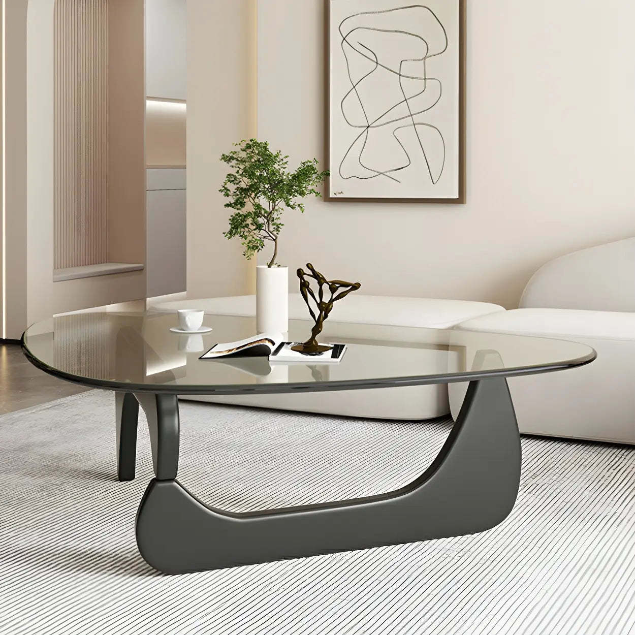 Triangle Glass Coffee Table with Wood Base — Clear Glass / Black