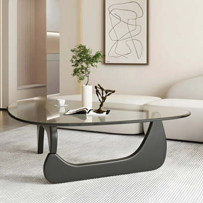 Triangle Glass Coffee Table with Wood Base — Clear Glass / Black