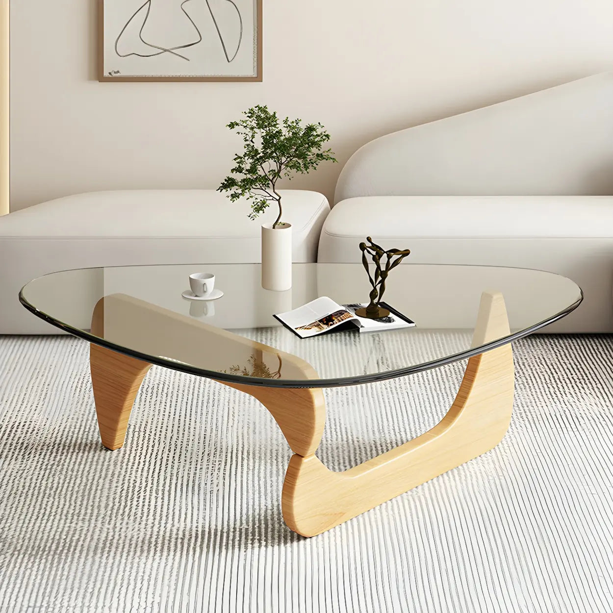 Triangle Glass Coffee Table with Wood Base — Clear Glass / Natural Finish