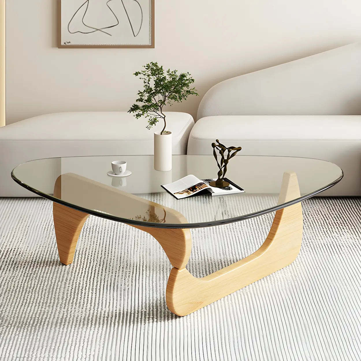 Triangle Glass Coffee Table with Wood Base — Clear Glass / Natural Finish