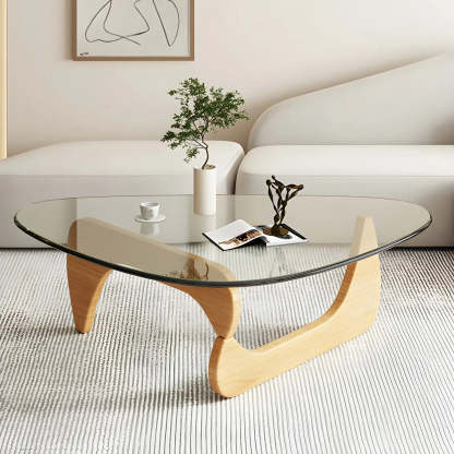 Triangle Glass Coffee Table with Wood Base — Clear Glass / Natural Finish