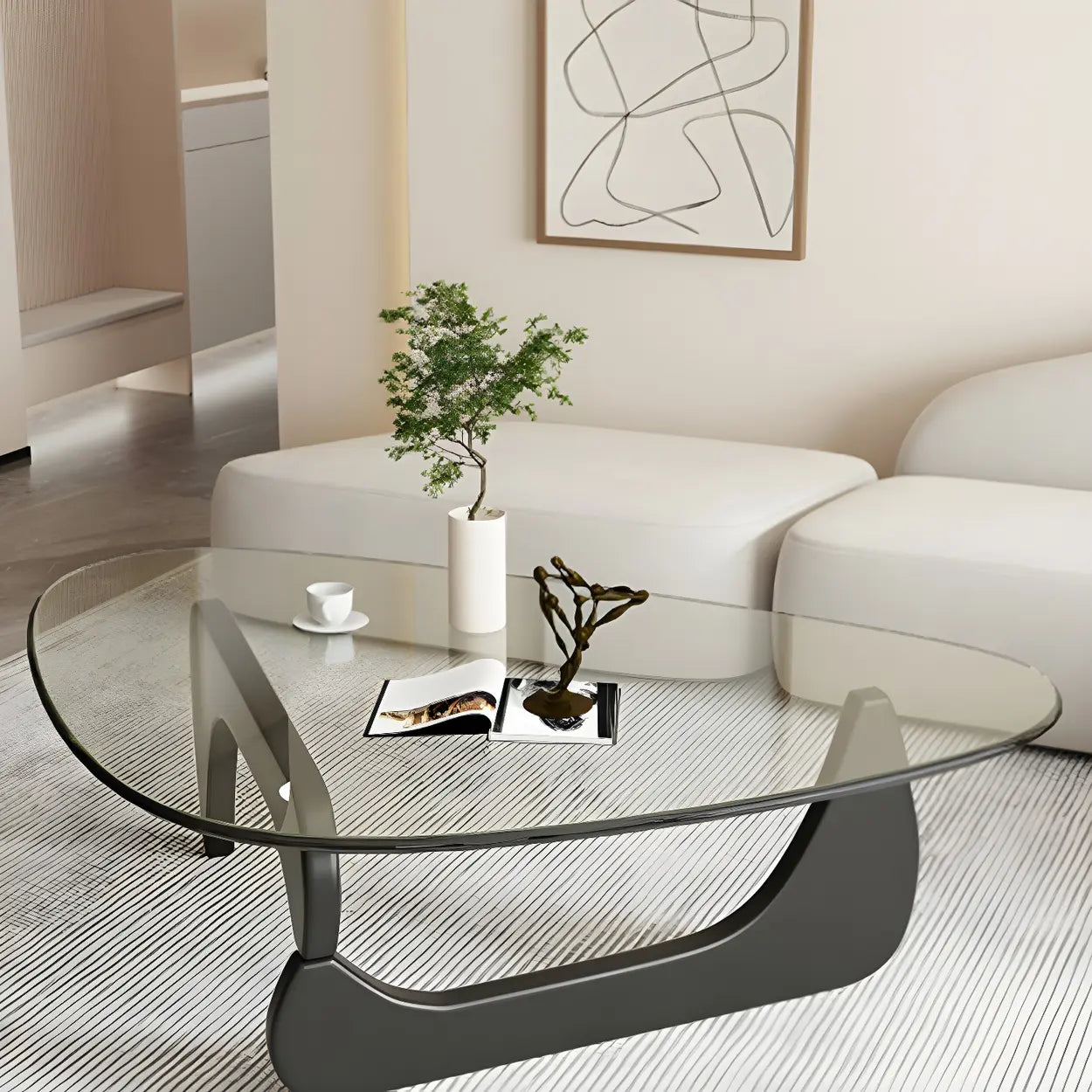Triangle Glass Coffee Table with Wood Base — Clear Glass / Brown