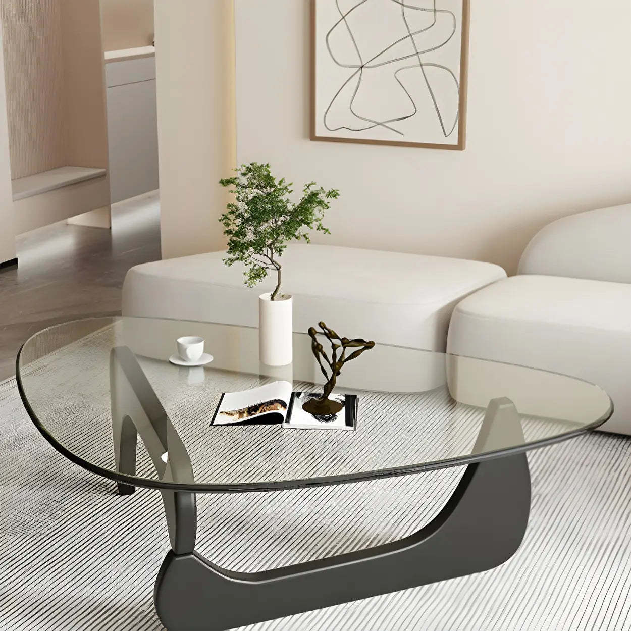 Triangle Glass Coffee Table with Wood Base — Clear Glass / Brown
