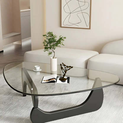Triangle Glass Coffee Table with Wood Base — Clear Glass / Brown