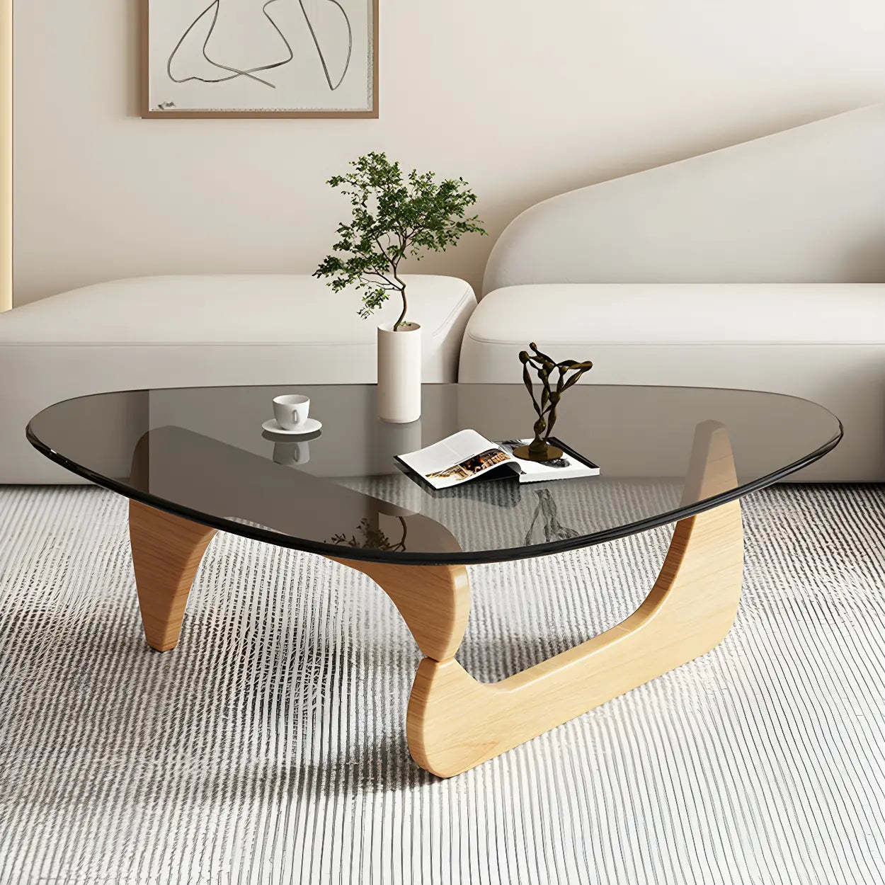 Triangle Glass Coffee Table with Wood Base — Cranberry Glass / Black
