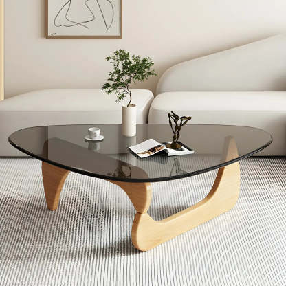 Triangle Glass Coffee Table with Wood Base — Cranberry Glass / Black