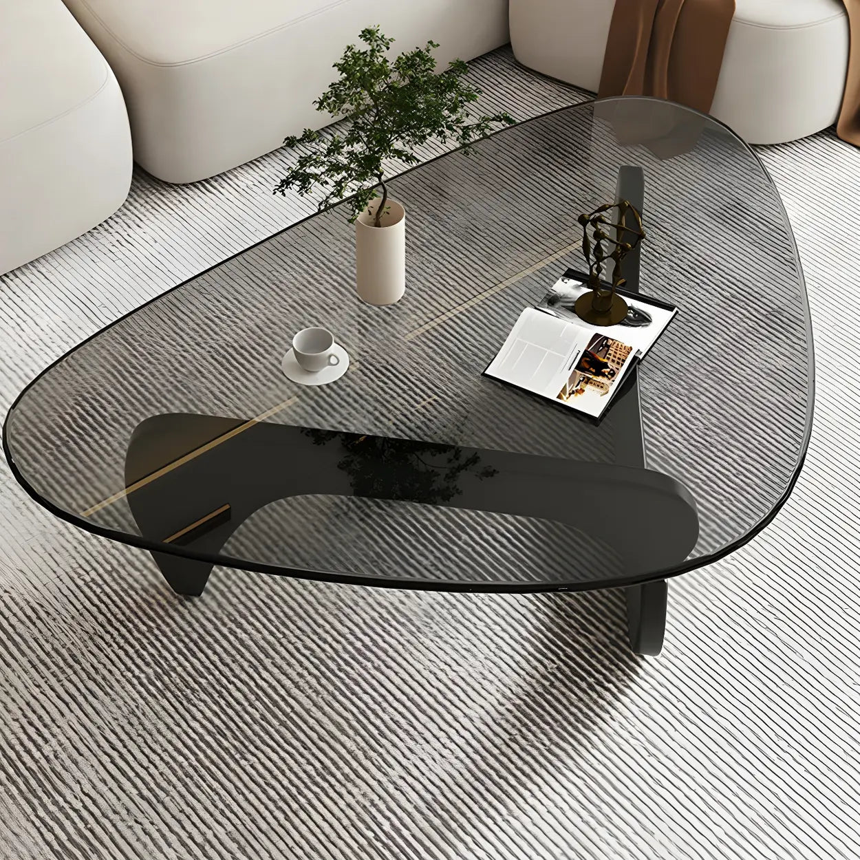 Triangle Glass Coffee Table with Wood Base — Cranberry Glass / Natural Finish