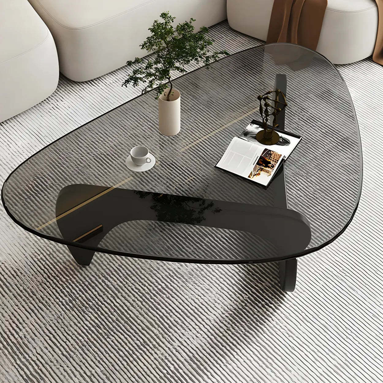 Triangle Glass Coffee Table with Wood Base — Cranberry Glass / Natural Finish