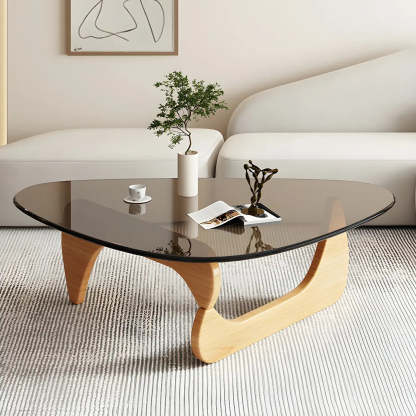 Triangle Glass Coffee Table with Wood Base — Cranberry Glass / Brown