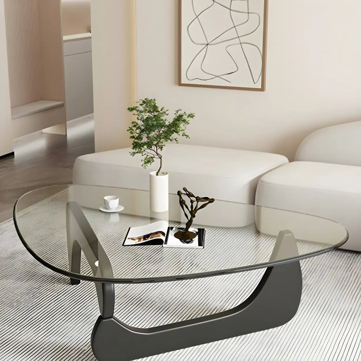 Triangle Glass Coffee Table with Wood Base — Gray Glass / Black