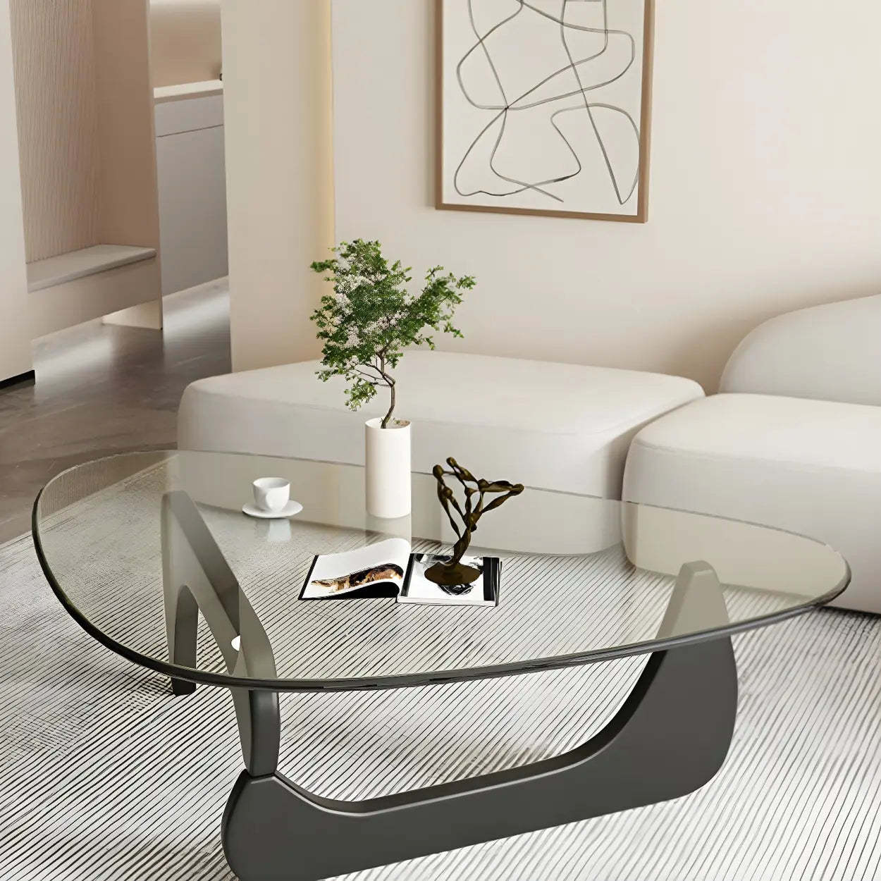 Triangle Glass Coffee Table with Wood Base — Gray Glass / Black