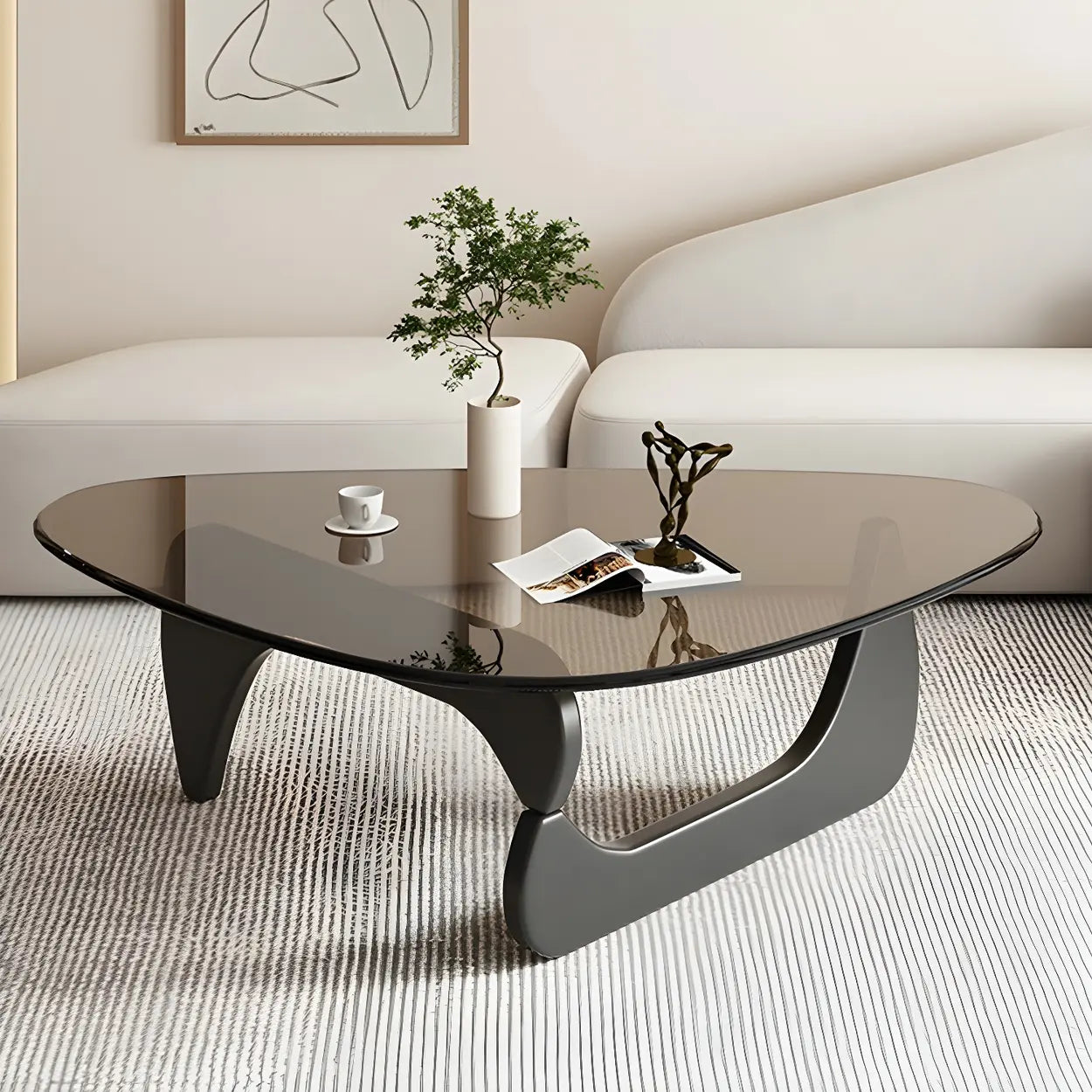 Triangle Glass Coffee Table with Wood Base — Gray Glass / Natural Finish